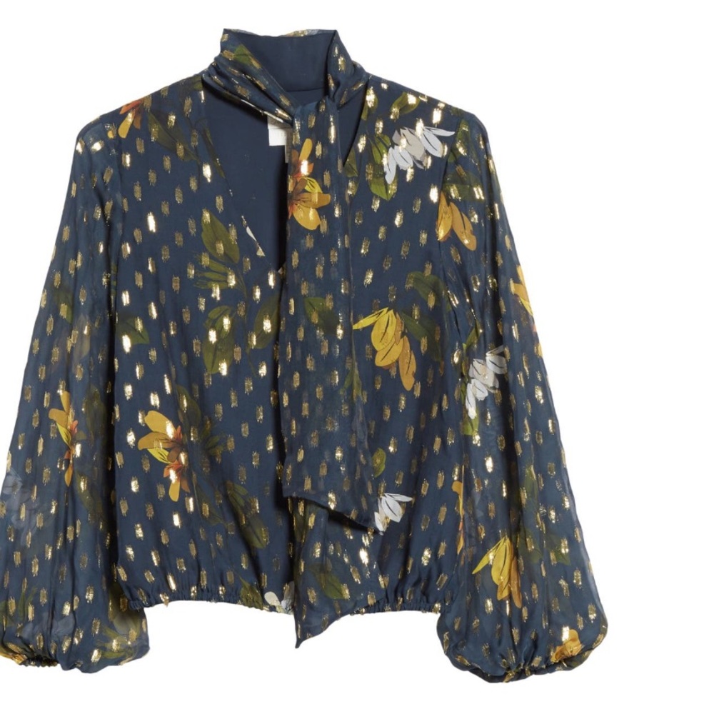 Ted Baker London neck tie blouse. Stretch waist. Metallic detail.